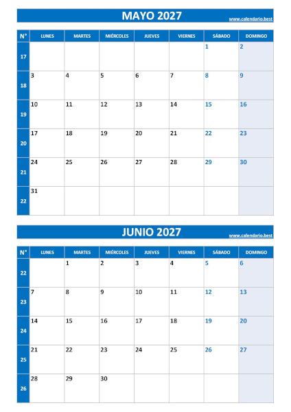Calendario mayo y junio 2027 para imprimir en 1 página vertical, plantilla azul (PDF y JPG)