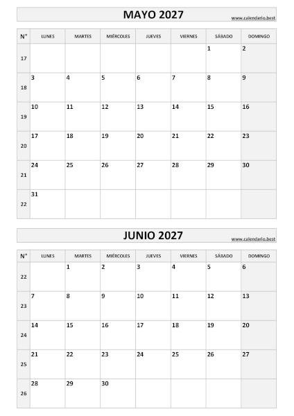 Calendario vertical de mayo y junio de 2027 en blanco y negro con números de semana ISO