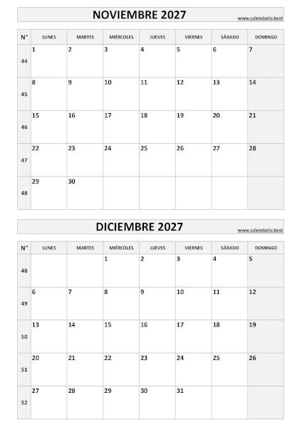 Calendario vertical de noviembre y diciembre de 2027 en blanco y negro con números de semana ISO
