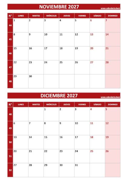 Calendario noviembre y diciembre 2027 para imprimir en 1 página vertical, plantilla roja (PDF y JPG)