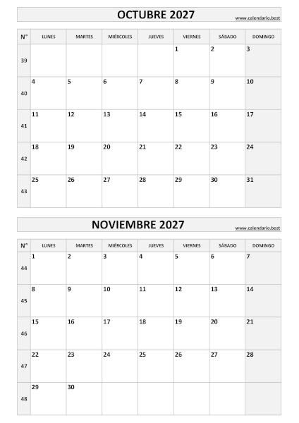 Calendario vertical de octubre y noviembre de 2027 en blanco y negro con números de semana ISO