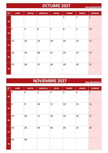 Calendario octubre y noviembre 2027 para imprimir en 1 página vertical, plantilla roja (PDF y JPG)