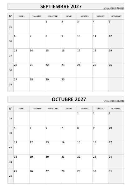 Calendario vertical de septiembre y octubre de 2027 en blanco y negro con números de semana ISO
