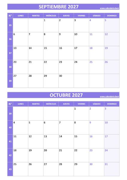 Calendario septiembre y octubre 2027 para imprimir gratis, diseño violeta elegante vertical (PDF y JPG)