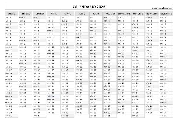 Calendario 2026 lineal para imprimir: plantilla PDF blanco y negro de 12 meses en una hoja