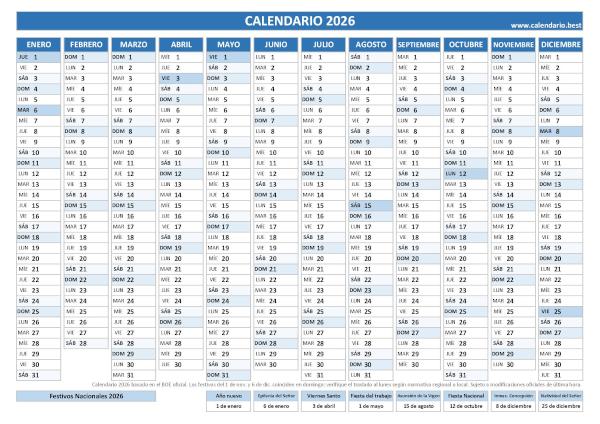 Calendario laboral 2026 lineal con festivos para imprimir: plantilla PDF y JPG de 12 meses en una hoja (azul)