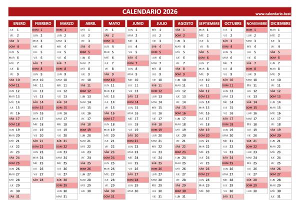 Calendario 2026 lineal para imprimir: plantilla PDF et JPG con 12 meses en una hoja (rojo)