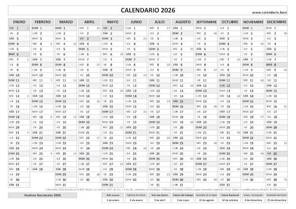 Calendario con semanas 2026 para imprimir en formato lineal blanco y negro minimalista