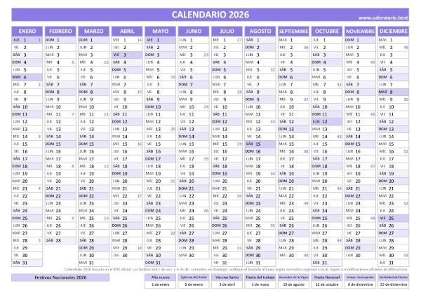 Plantilla de calendario por semanas 2026 en formato lineal para imprimir gratis (morado)