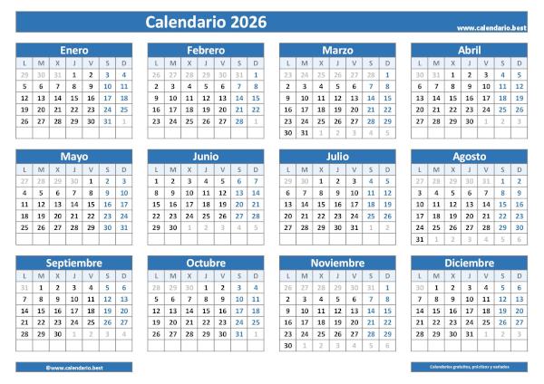 Calendario 2026 para imprimir en blanco: plantilla PDF y JPG con cuadrícula clásica azul
