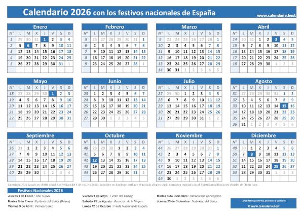 Calendario laboral 2026 con festivos para imprimir: plantilla PDF y JPG en cuadrícula (azul)