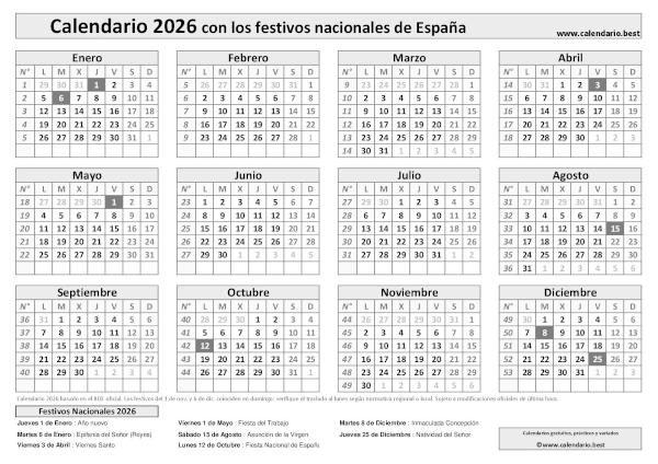 Calendario laboral 2026 con festivos para imprimir: plantilla PDF y JPG en cuadrícula (blanco y negro)