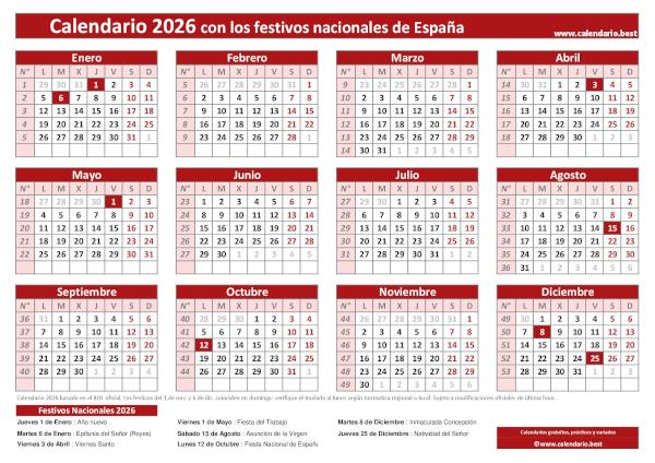 Calendario laboral 2026 con festivos para imprimir: plantilla PDF y JPG en cuadrícula (rojo)