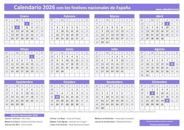 Calendario laboral 2026 con festivos para imprimir: plantilla PDF y JPG en cuadrícula (morado)