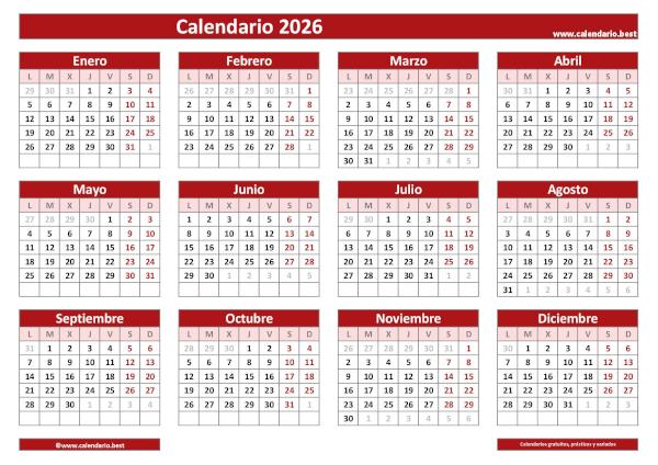 Calendario 2026 para imprimir en blanco: plantilla PDF y JPG con cuadrícula clásica roja