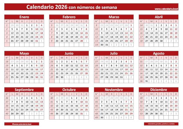 Calendario 2026 por semanas para imprimir: plantilla PDF y JPG con números de semana ISO en cuadrícula (rojo)