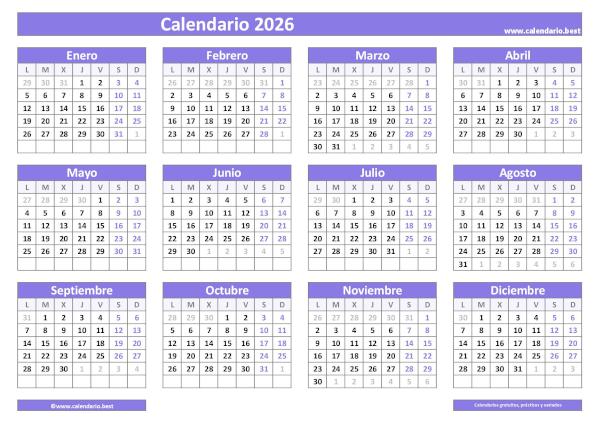 Calendario 2026 para imprimir en blanco: plantilla PDF y JPG con cuadrícula clásica morada
