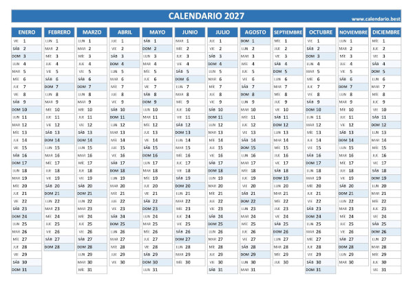 Calendario 2027 para imprimir gratis: plantilla PDF y JPG descarga directa