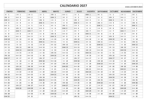 Calendario 2027 lineal para imprimir: plantilla PDF blanco y negro de 12 meses en una hoja