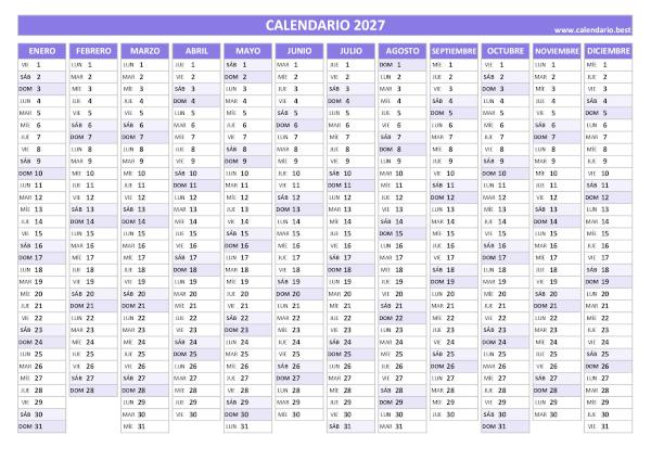 Calendario 2027 lineal para imprimir: plantilla PDF y JPG con 12 meses en una hoja (morado)