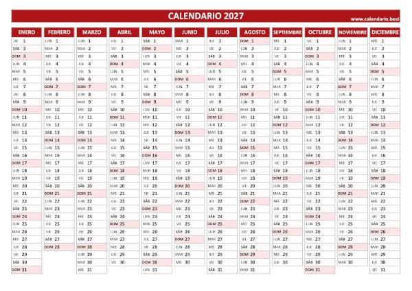 Calendario 2027 lineal para imprimir: plantilla PDF et JPG con 12 meses en una hoja (rojo)