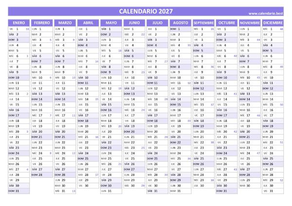 Plantilla de calendario por semanas 2027 en formato lineal para imprimir gratis (morado)