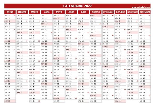 Calendario 2027 por semanas lineal pour imprimir: plantilla PDF y JPG con 12 meses en una hoja (rojo)