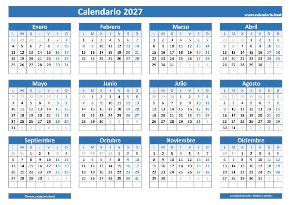 Calendario 2027 para imprimir en blanco: plantilla PDF y JPG con cuadrícula clásica azul