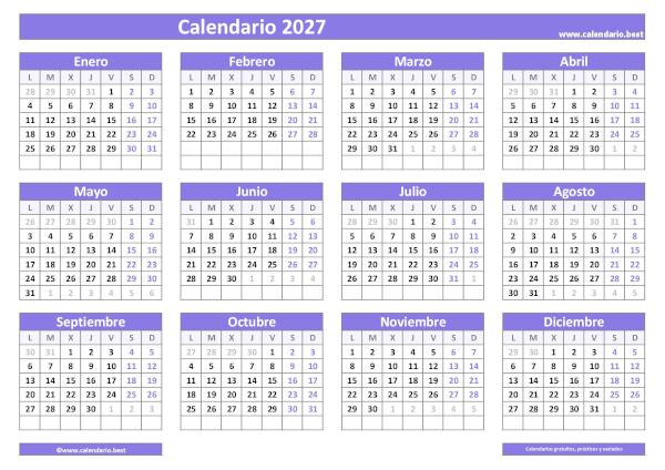 Calendario 2027 para imprimir en blanco: plantilla PDF y JPG con cuadrícula clásica morada
