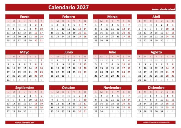 Calendario 2027 para imprimir en blanco: plantilla PDF y JPG con cuadrícula clásica roja