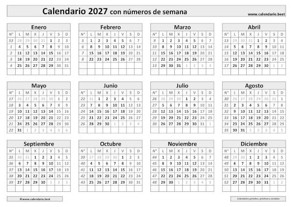 Calendario 2027 por semanas para imprimir: plantilla PDF y JPG blanco y negro con números Norma ISO