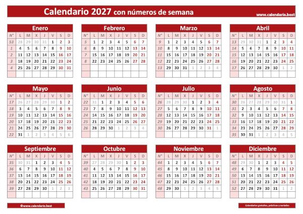 Calendario 2027 por semanas para imprimir: plantilla PDF y JPG con números de semana ISO en cuadrícula (rojo)