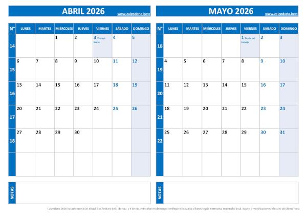 Calendario abril y mayo 2026 para imprimir en 1 página horizontal, plantilla azul (PDF y JPG)