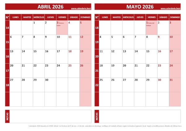 Calendario de abril y mayo de 2026 para imprimir con números de semana, diseño rojo