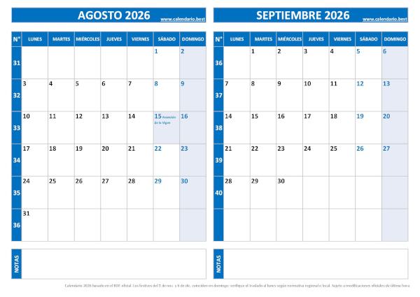 Calendario agosto y septiembre 2026 para imprimir en 1 página horizontal, plantilla azul (PDF y JPG)