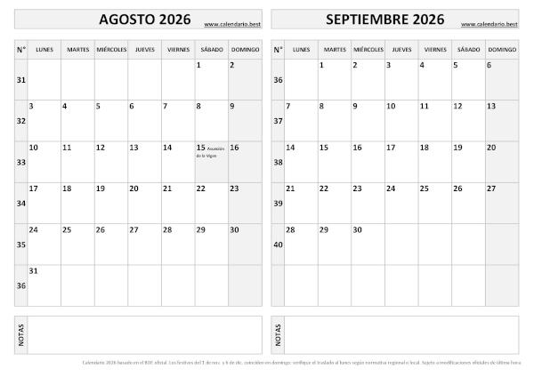 Calendario agosto y septiembre 2026 en blanco y negro para imprimir gratis, plantilla básica (PDF y JPG)