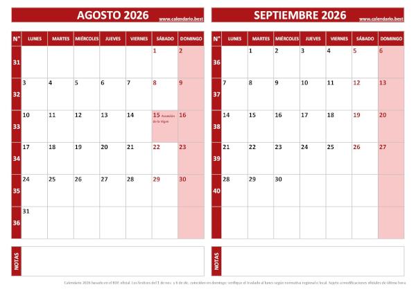 Calendario de agosto y septiembre de 2026 para imprimir con números de semana, diseño rojo
