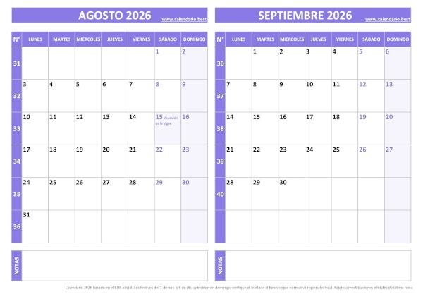 Calendario de agosto y septiembre 2026 para imprimir