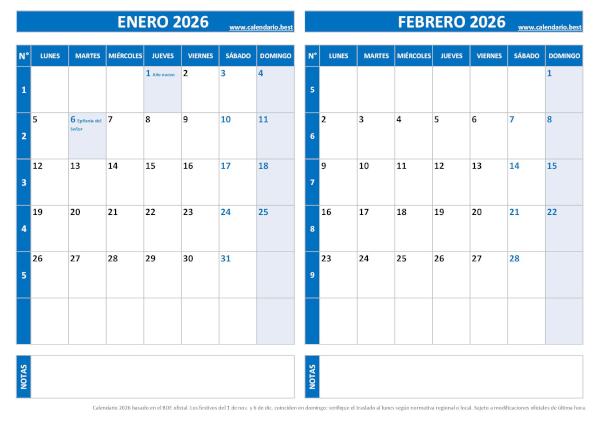 Calendario enero y febrero 2026 para imprimir en 1 página horizontal, plantilla azul (PDF y JPG)