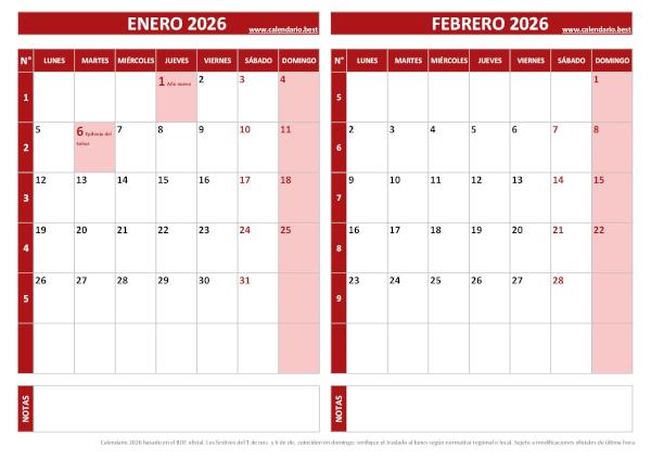 Calendario de enero y febrero 2026 en blanco para imprimir