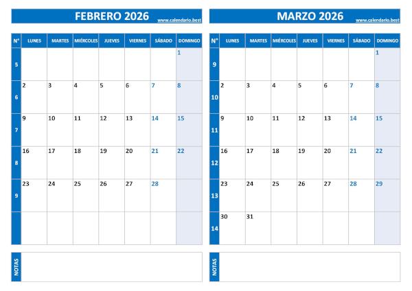 Calendario febrero y marzo 2026 para imprimir en 1 página horizontal, plantilla azul (PDF y JPG)
