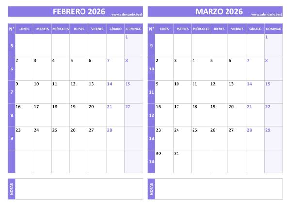 Calendario febrero y marzo 2026 para imprimir gratis, diseño violeta elegante (PDF y JPG)
