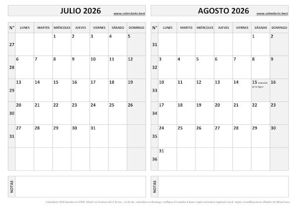 Calendario julio y agosto 2026 en blanco y negro para imprimir gratis, plantilla básica (PDF y JPG)