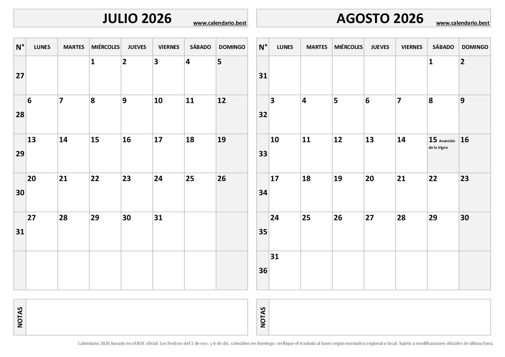 Calendario Julio Y Agosto 2026 Para Imprimir PDF Y JPG 