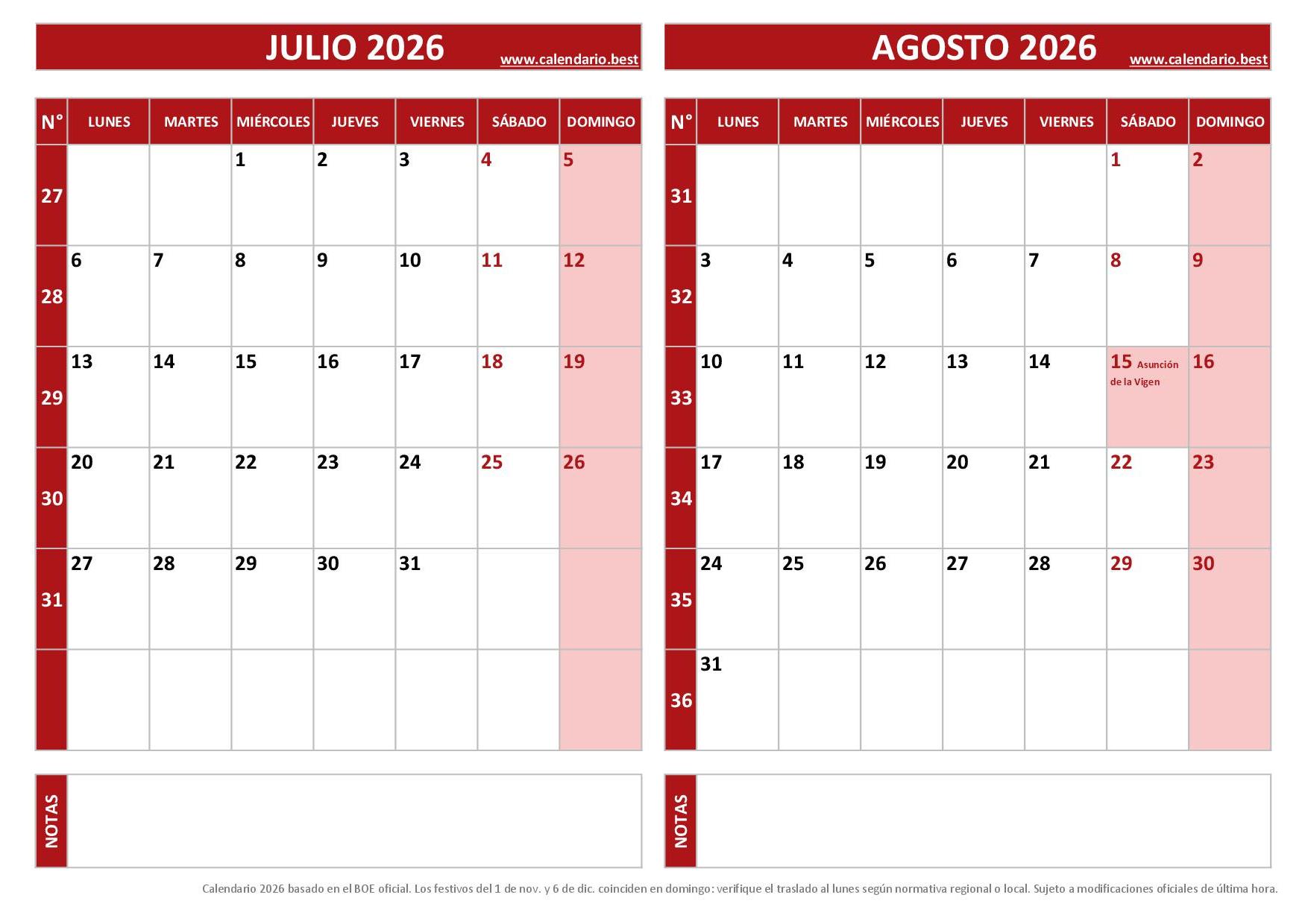 Calendario Julio Y Agosto 2026 Para Imprimir PDF Y JPG 