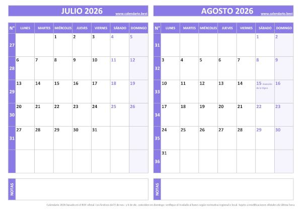 Calendario julio y agosto 2026 para imprimir gratis, diseño violeta elegante (PDF y JPG)