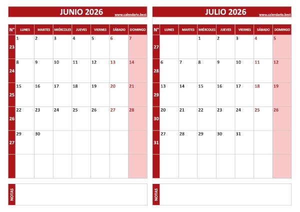 Calendario de junio y julio de 2026 para imprimir con números de semana, diseño rojo