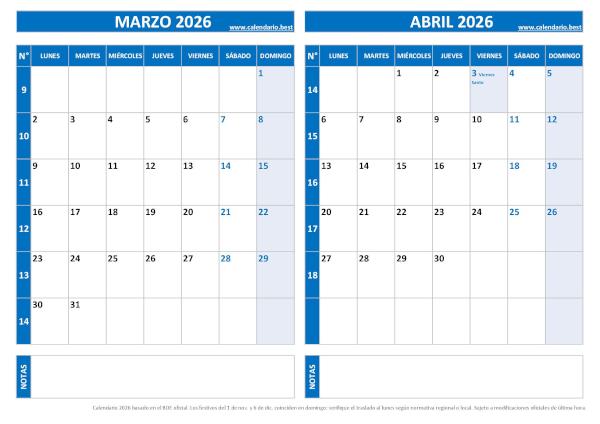 Calendario de marzo y abril 2026 en blanco para imprimir