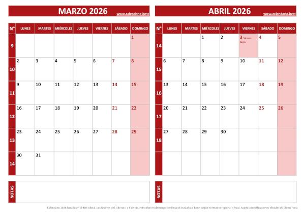 Calendario de enero de 2026 en blanco para imprimir