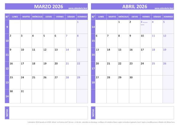 Calendario marzo y abril 2026 para imprimir gratis, diseño violeta elegante (PDF y JPG)
